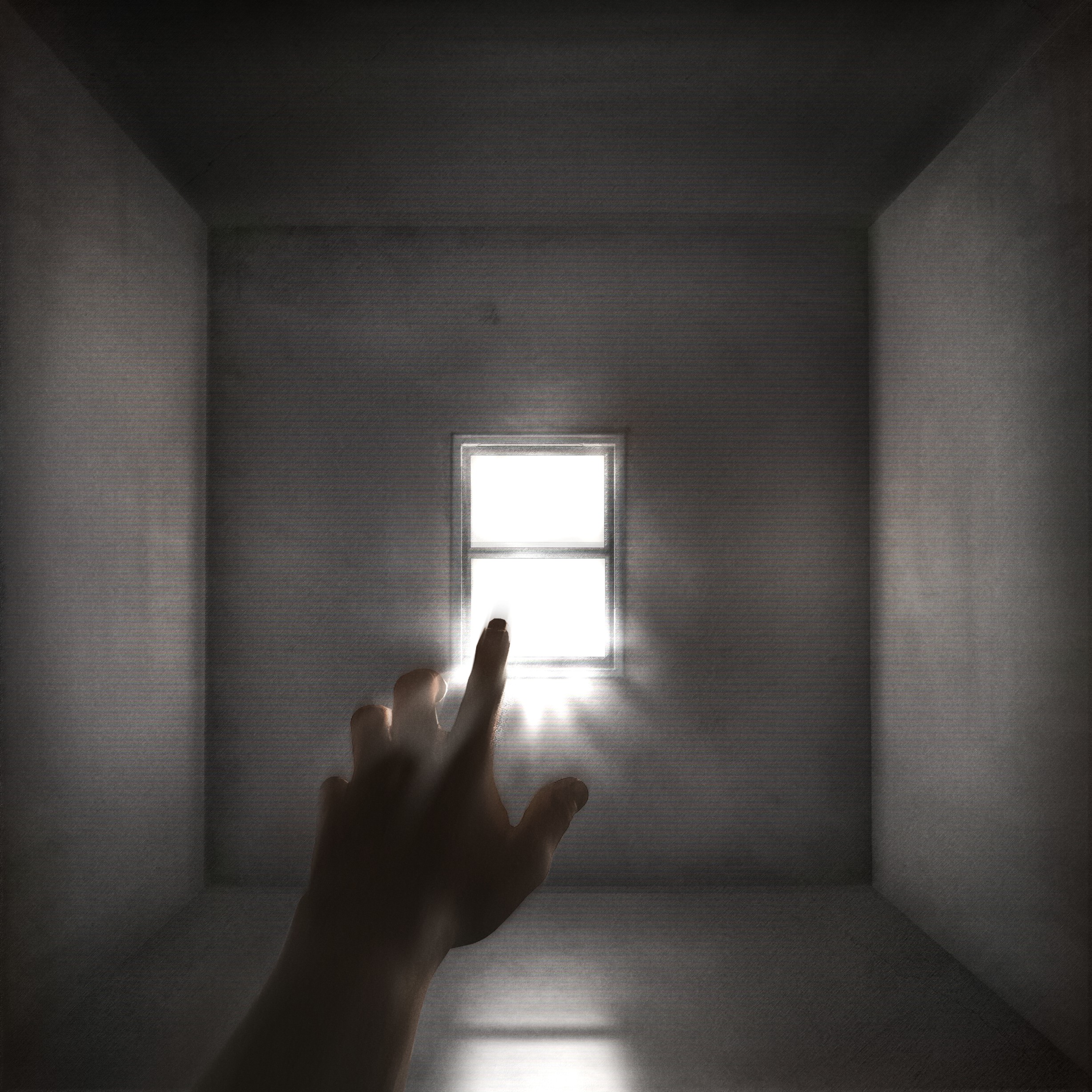 An image of a concrete room with a single window; a hand reaching towards it.
