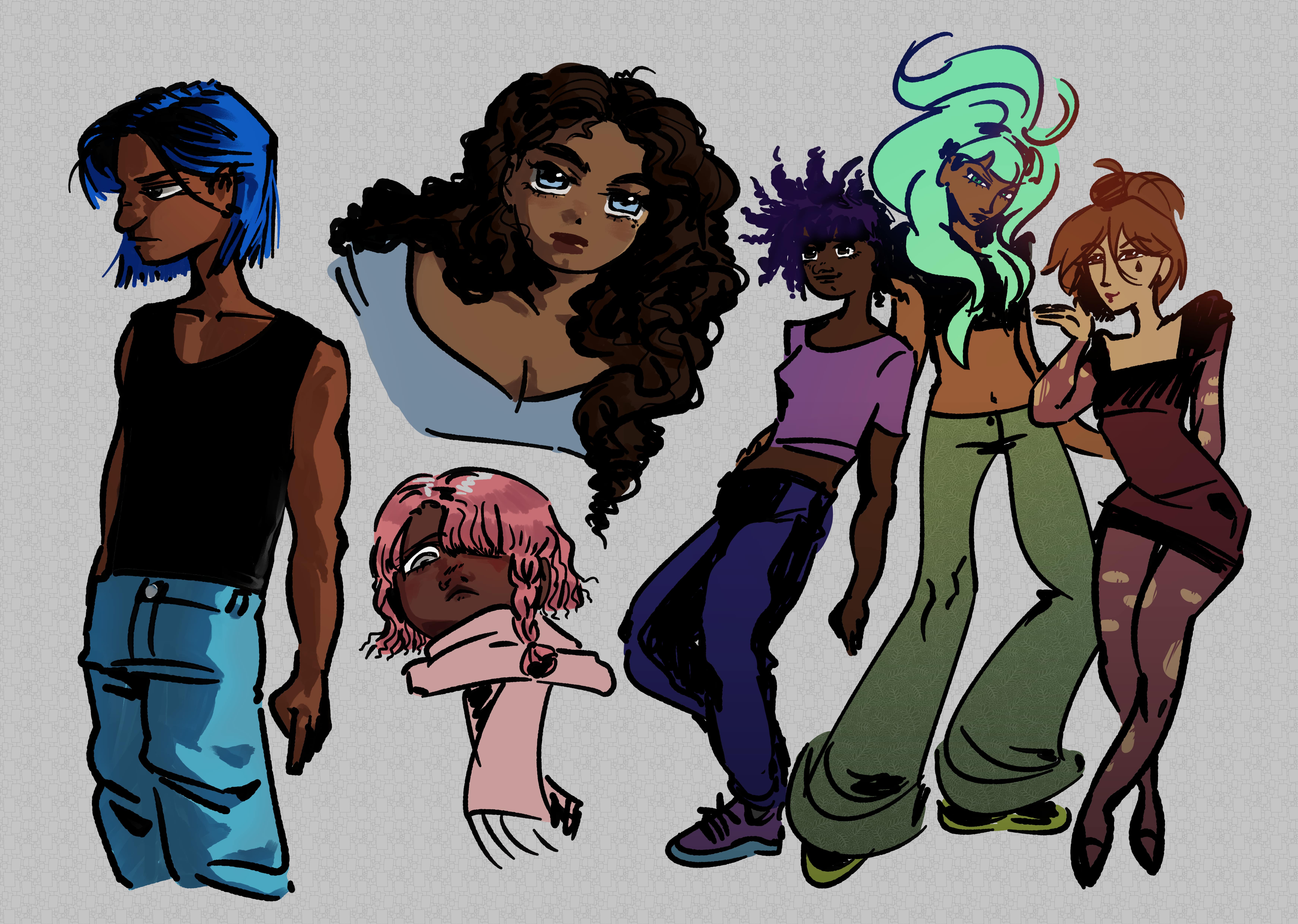 Doodles of main and side characters